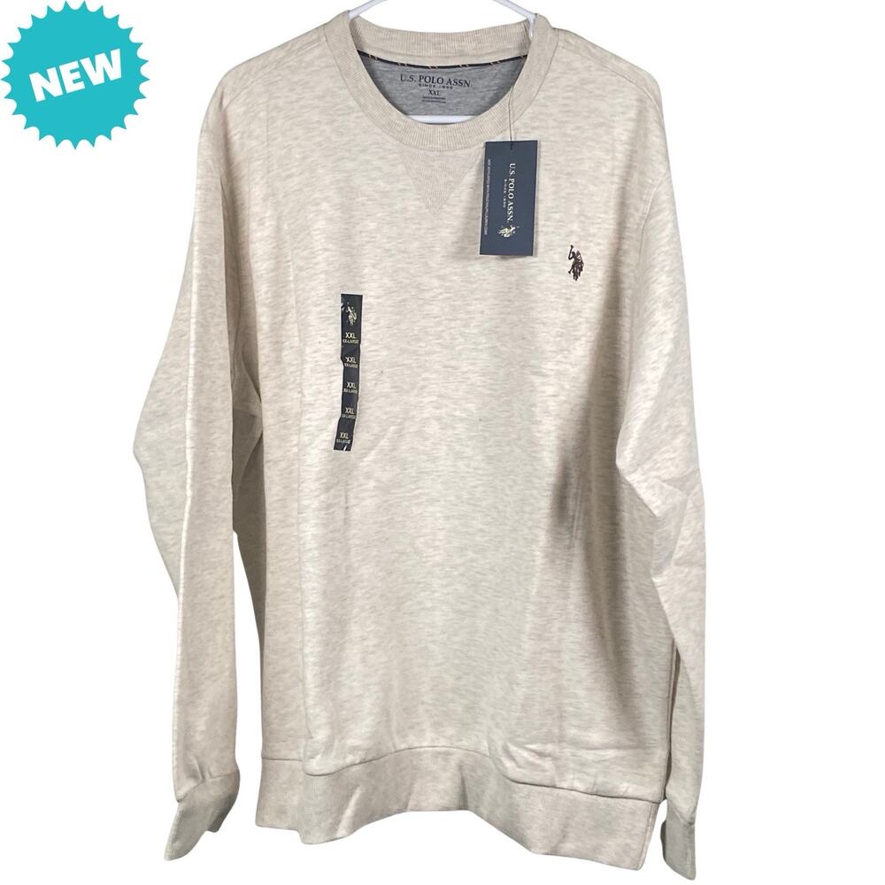 US POLO ASSN Mens XXL Crew Neck Fleece Pullover Sweatshirt Oatmeal Heather NWT